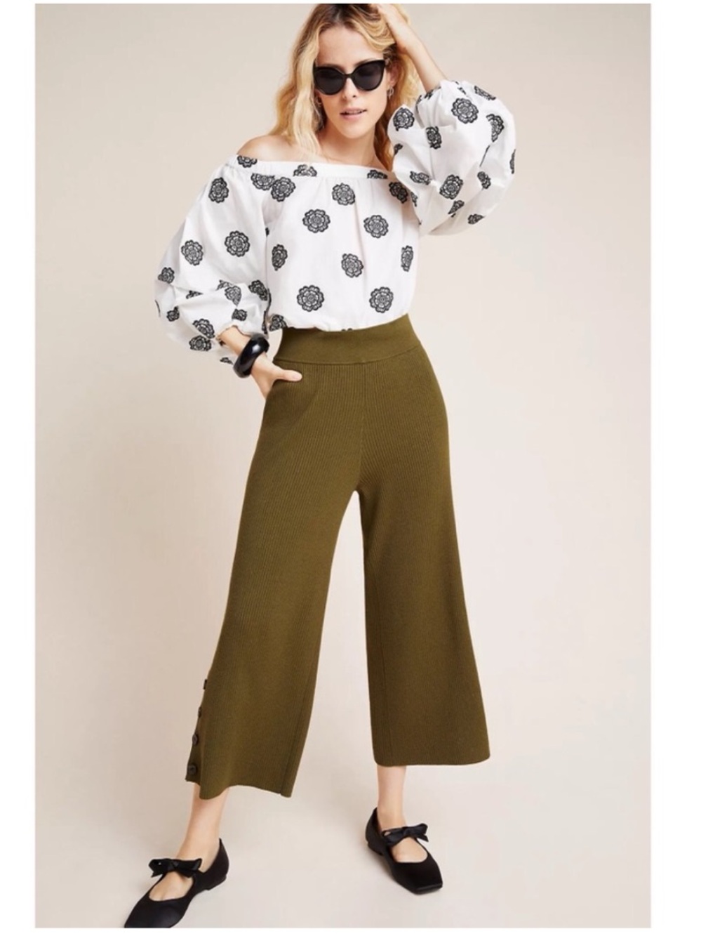 Anthropologie | Jamey Olive Green Ribbed Wide Leg Pants size Extra Large